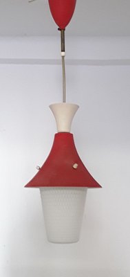 Vintage Lantern-Shaped Little Red Riding Hood Ceiling Lamp with Red & Cream Painted Sheet Metal Parts & White Opaque Glass Honeycomb Shade, 1950s-HOI-856128