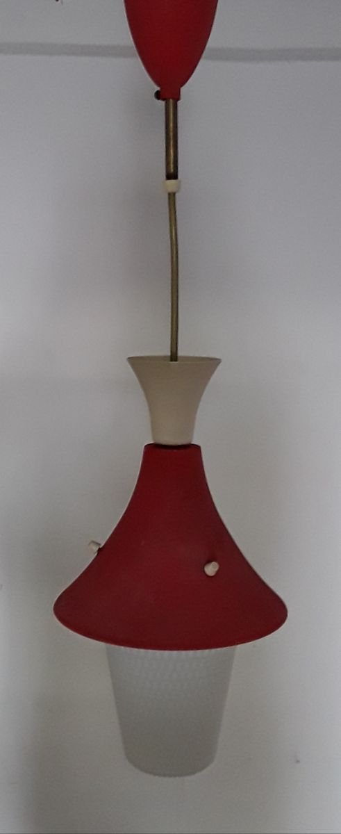 Vintage Lantern-Shaped Little Red Riding Hood Ceiling Lamp with Red & Cream Painted Sheet Metal Parts & White Opaque Glass Honeycomb Shade, 1950s