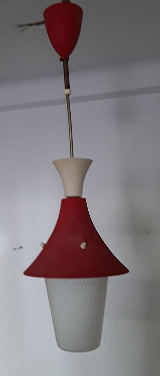 Vintage Lantern-Shaped Little Red Riding Hood Ceiling Lamp with Red & Cream Painted Sheet Metal Parts & White Opaque Glass Honeycomb Shade, 1950s