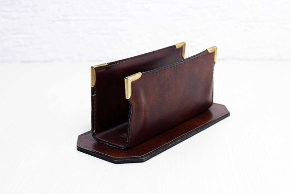 Vintage Leather and Brass Letter Holder, 1970s-BQF-1768285