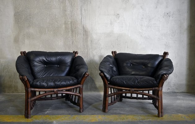 Vintage Leather and Rattan Chairs and Coffee Table, 1970s, Set of 3-QVY-769603