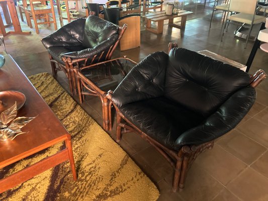 Vintage Leather and Rattan Chairs and Coffee Table, 1970s, Set of 3-QVY-769603