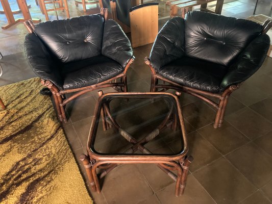 Vintage Leather and Rattan Chairs and Coffee Table, 1970s, Set of 3-QVY-769603