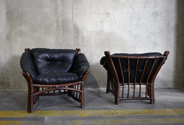 Vintage Leather and Rattan Chairs and Coffee Table, 1970s, Set of 3-QVY-769603