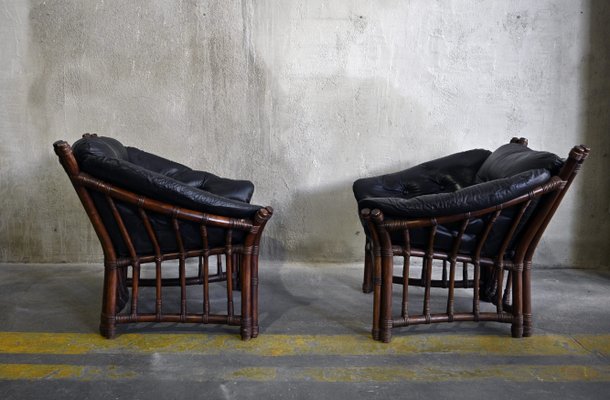 Vintage Leather and Rattan Chairs and Coffee Table, 1970s, Set of 3-QVY-769603