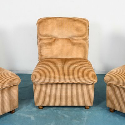 Vintage Light Brown Velvet Modular Lounge Chairs, 1970s, Set of 3-ZLY-844560