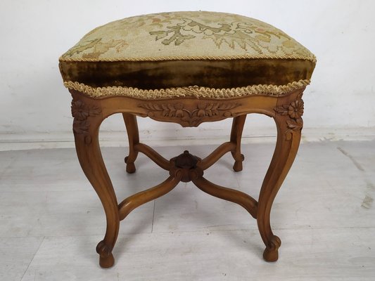 Vintage Louis XV Walnut & Wool Pouf-EAD-1703662