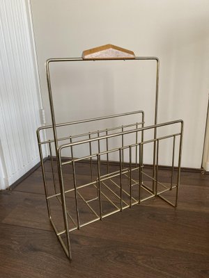 Vintage Magazine Rack in Brass and Wood, 1960s-DE-1264483