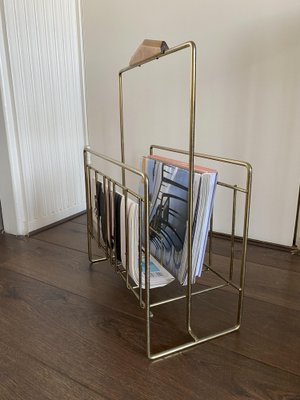 Vintage Magazine Rack in Brass and Wood, 1960s-DE-1264483