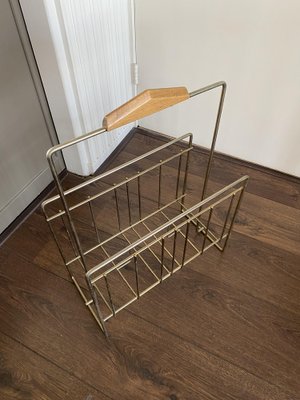 Vintage Magazine Rack in Brass and Wood, 1960s-DE-1264483