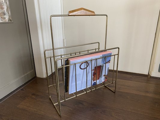 Vintage Magazine Rack in Brass and Wood, 1960s-DE-1264483