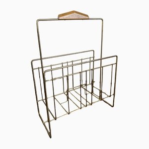 Vintage Magazine Rack in Brass and Wood, 1960s-DE-1264483