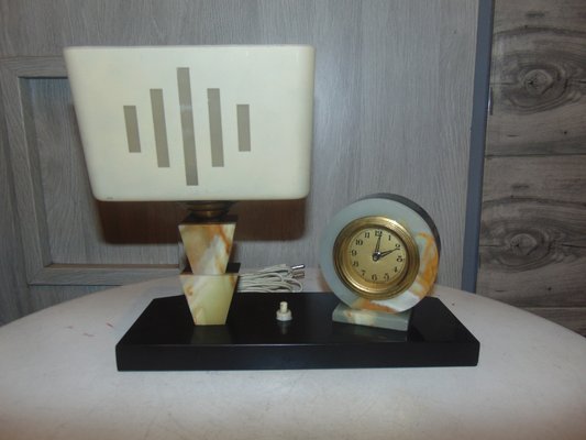 Vintage Marble Desk Lamp & Clock, 1940s-CAQ-1058665