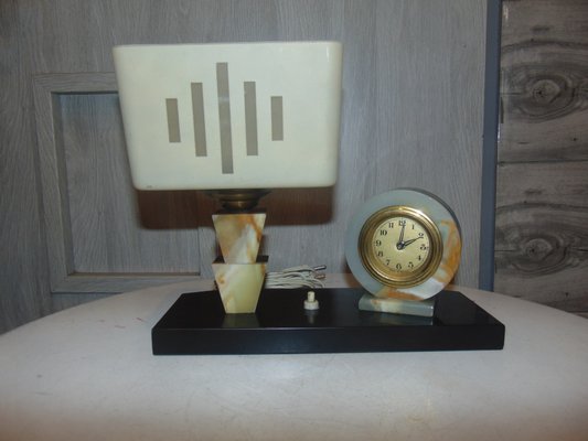 Vintage Marble Desk Lamp & Clock, 1940s-CAQ-1058665