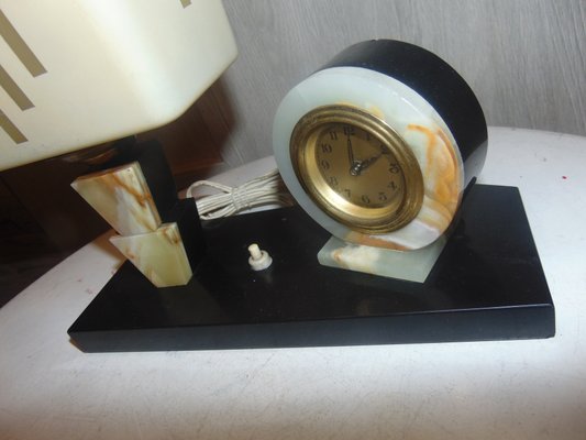 Vintage Marble Desk Lamp & Clock, 1940s-CAQ-1058665