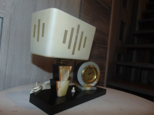 Vintage Marble Desk Lamp & Clock, 1940s-CAQ-1058665