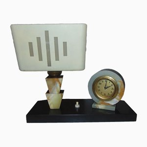 Vintage Marble Desk Lamp & Clock, 1940s-CAQ-1058665