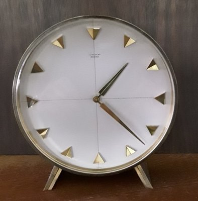 Vintage Mechanical Meister Table Clock in Brass with Brushed Aluminum Dial from Junghans, 1960s-HOI-1034606