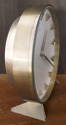 Vintage Mechanical Meister Table Clock in Brass with Brushed Aluminum Dial from Junghans, 1960s-HOI-1034606