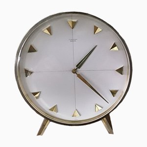 Vintage Mechanical Meister Table Clock in Brass with Brushed Aluminum Dial from Junghans, 1960s-HOI-1034606