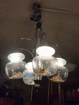 Vintage Metal & Opaline Glass Chandelier, 1970s-GEL-1240834