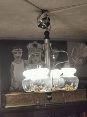 Vintage Metal & Opaline Glass Chandelier, 1970s-GEL-1240834