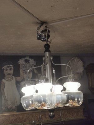 Vintage Metal & Opaline Glass Chandelier, 1970s-GEL-1240834