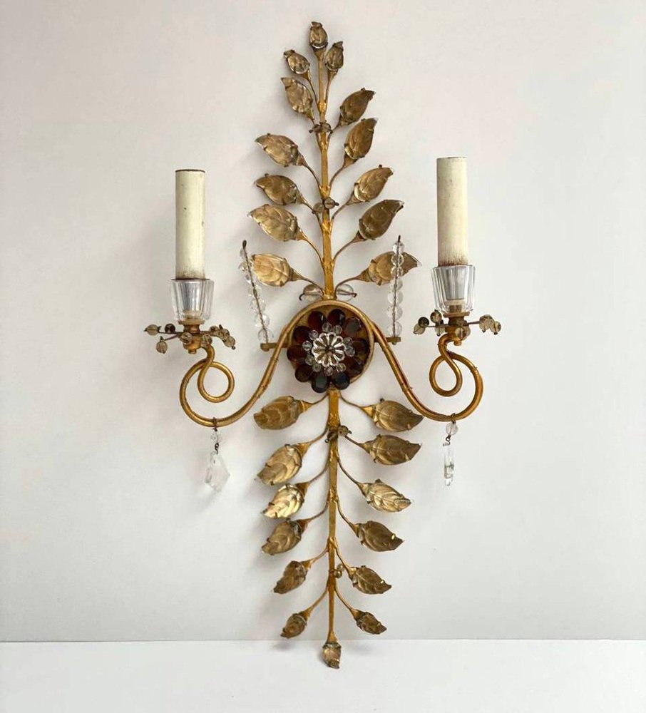 Vintage Metal with Crystal Flowers Wall Light by Banci Firenze, 1960s