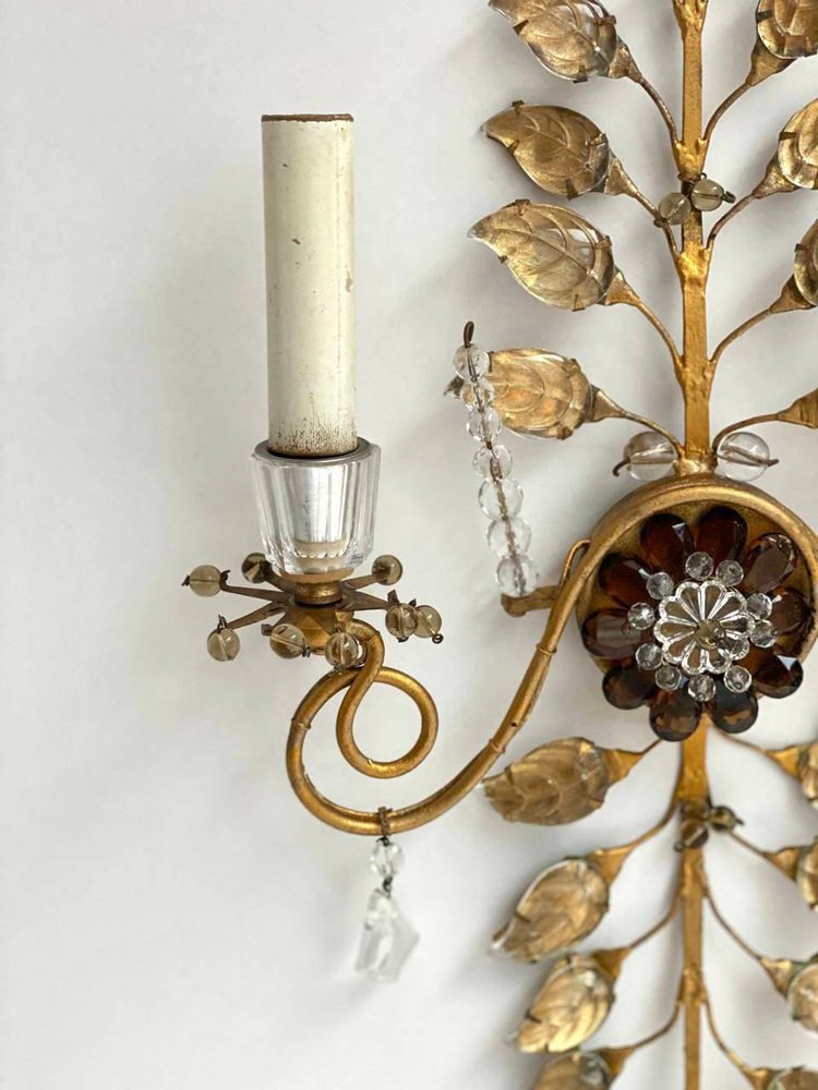 Vintage Metal with Crystal Flowers Wall Light by Banci Firenze, 1960s