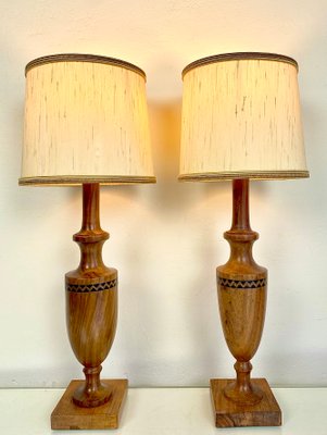 Vintage Mid-Century Artisan Hand-Crafted Wooden Inlay Table Lamps, Set of 2-WZZ-1196311