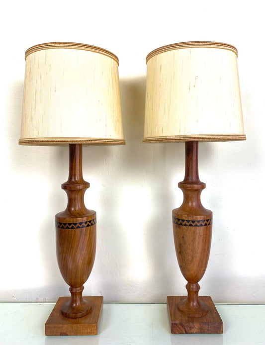 Vintage Mid-Century Artisan Hand-Crafted Wooden Inlay Table Lamps, Set of 2