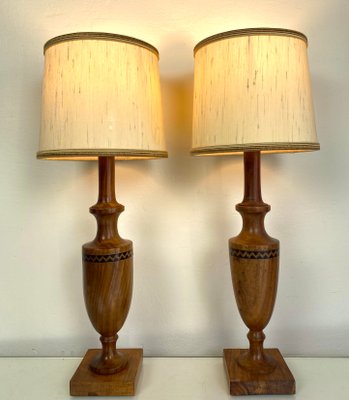 Vintage Mid-Century Artisan Hand-Crafted Wooden Inlay Table Lamps, Set of 2-WZZ-1196311