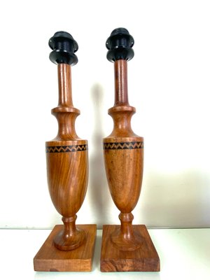 Vintage Mid-Century Artisan Hand-Crafted Wooden Inlay Table Lamps, Set of 2-WZZ-1196311