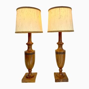 Vintage Mid-Century Artisan Hand-Crafted Wooden Inlay Table Lamps, Set of 2-WZZ-1196311