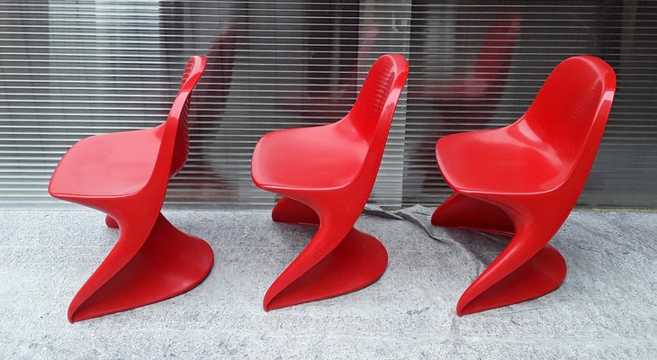 Vintage Model 2000 / 0/1 Red Plastic Chairs from Casala, 1972, Set of 3-HOI-948877