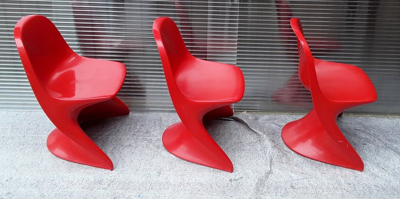 Vintage Model 2000 / 0/1 Red Plastic Chairs from Casala, 1972, Set of 3-HOI-948877