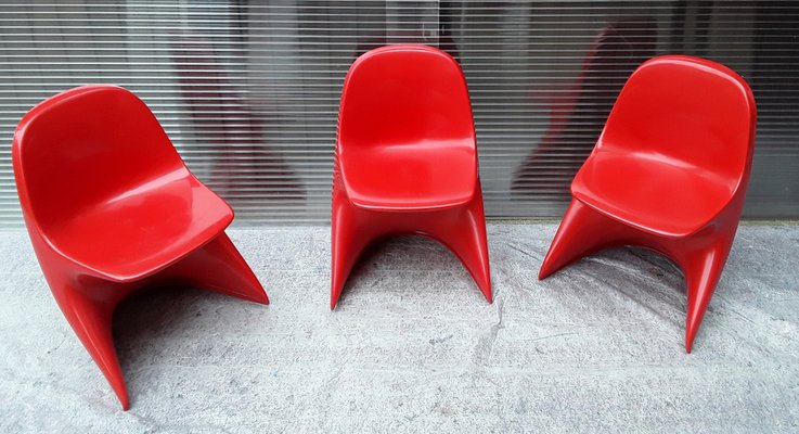 Vintage Model 2000 / 0/1 Red Plastic Chairs from Casala, 1972, Set of 3-HOI-948877