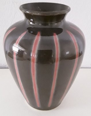 Vintage Model Number 1073 18 Glossy Glazed Ceramic Vase in Gray-Brown with Red Stripes, 1970s-HOI-998082