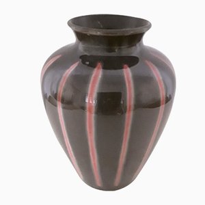 Vintage Model Number 1073 18 Glossy Glazed Ceramic Vase in Gray-Brown with Red Stripes, 1970s-HOI-998082