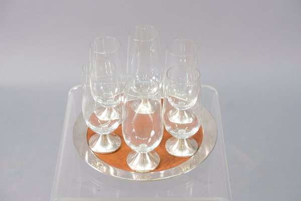 Vintage Model TW 142 Tray by Tapio Wirkkala and Glasses from Rosenthal, Set of 7-CIP-687864