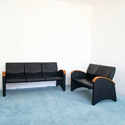 Vintage Modern Black Eco-Leather 3-Seat & 2-Seat Sofas from Throna, 1970s, Set of 2-ZLY-726381