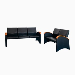 Vintage Modern Black Eco-Leather 3-Seat & 2-Seat Sofas from Throna, 1970s, Set of 2-ZLY-726381