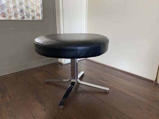 Vintage Modernist Chrome and Leather Stool Ottoman, 1970s-DE-770526