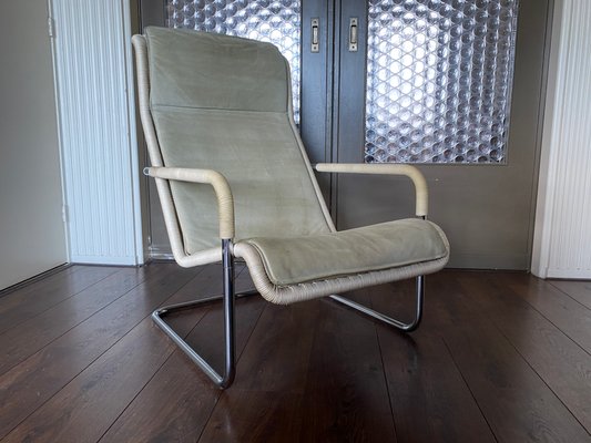 Vintage Modernist Chromed Tubular Steel, Rattan & Leather Easy Chair in Style of Thonet, 1970s-DE-1437942