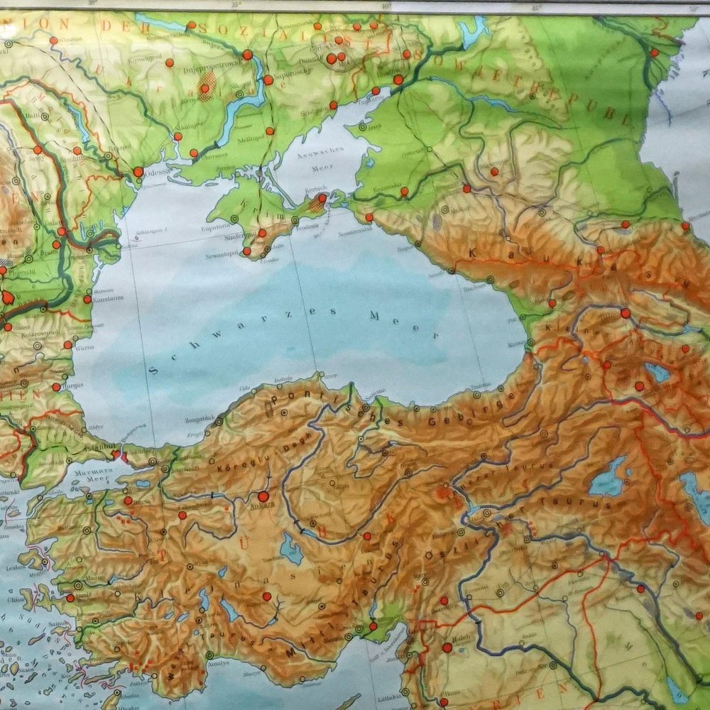 Vintage Mural Map Mediterranean Sea Near East Countries Rollable Wall Chart, 1970s