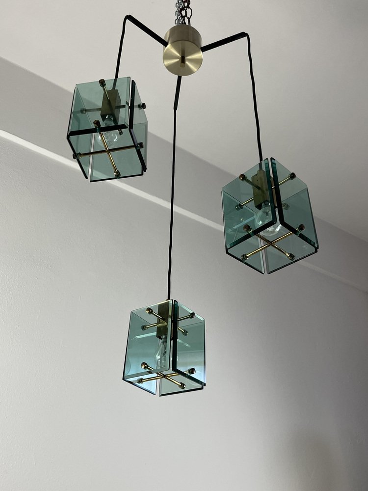 Vintage Murano Glass and Brass 3-Light Ceiling Lamp in the style of Fontana Arte, 1960s