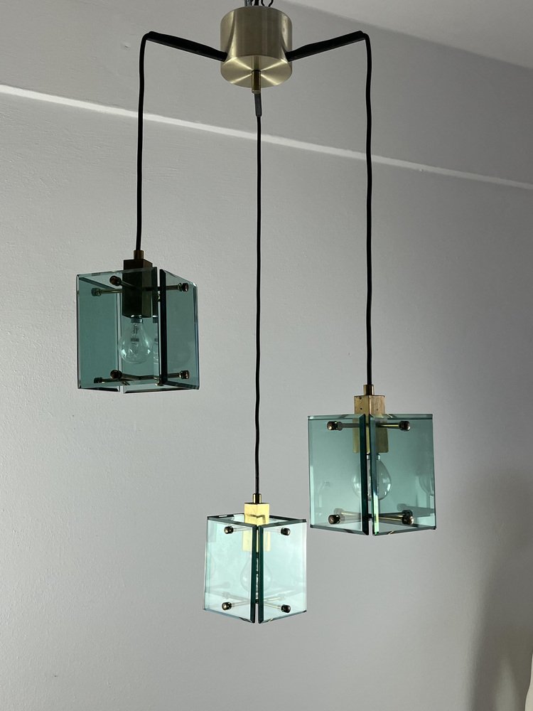 Vintage Murano Glass and Brass 3-Light Ceiling Lamp in the style of Fontana Arte, 1960s