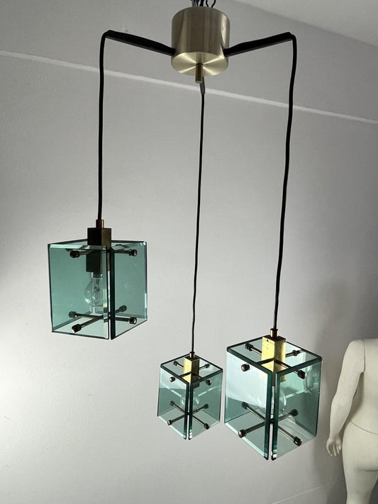 Vintage Murano Glass and Brass 3-Light Ceiling Lamp in the style of Fontana Arte, 1960s