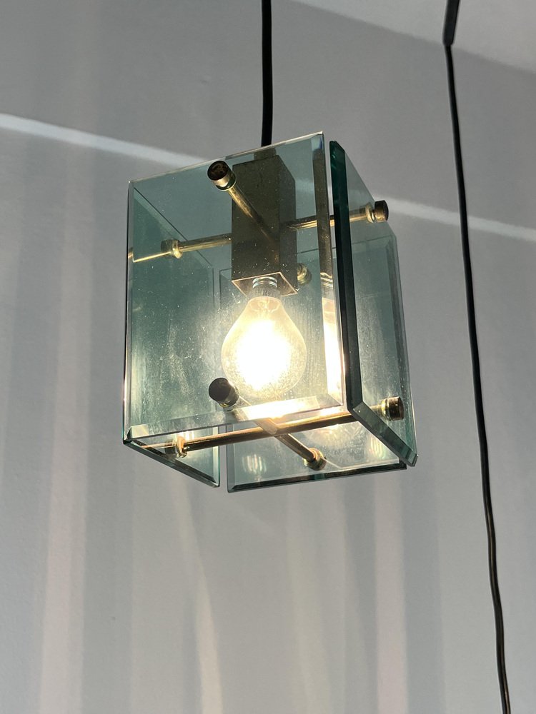 Vintage Murano Glass and Brass 3-Light Ceiling Lamp in the style of Fontana Arte, 1960s