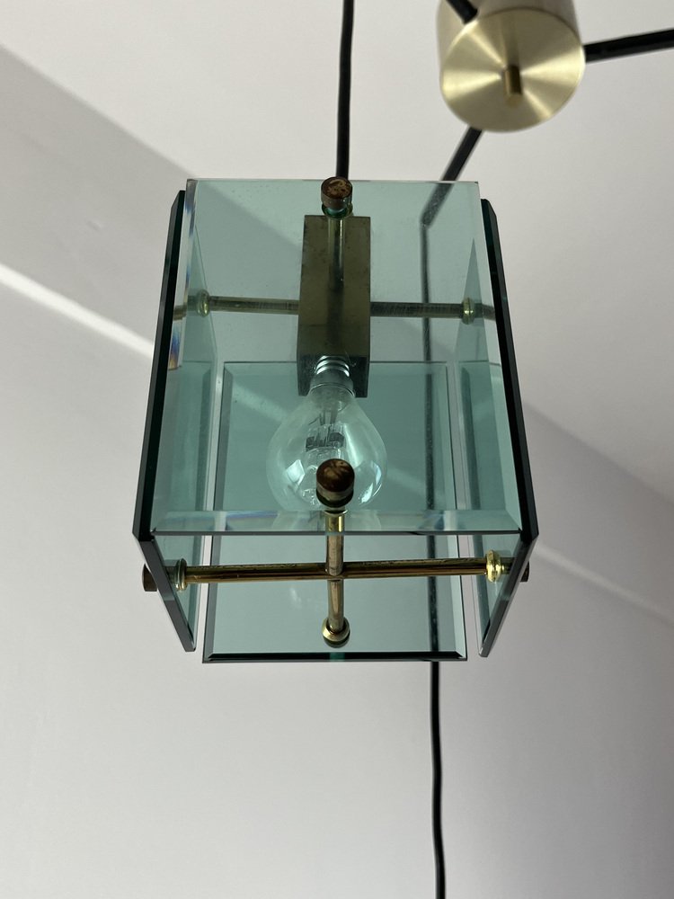 Vintage Murano Glass and Brass 3-Light Ceiling Lamp in the style of Fontana Arte, 1960s